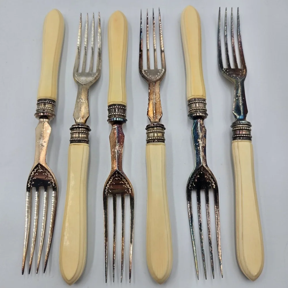 Vintage Dinner Fish Fork Set‎ EPNS Ornate Design 6 Pc Rare Set Celluloid